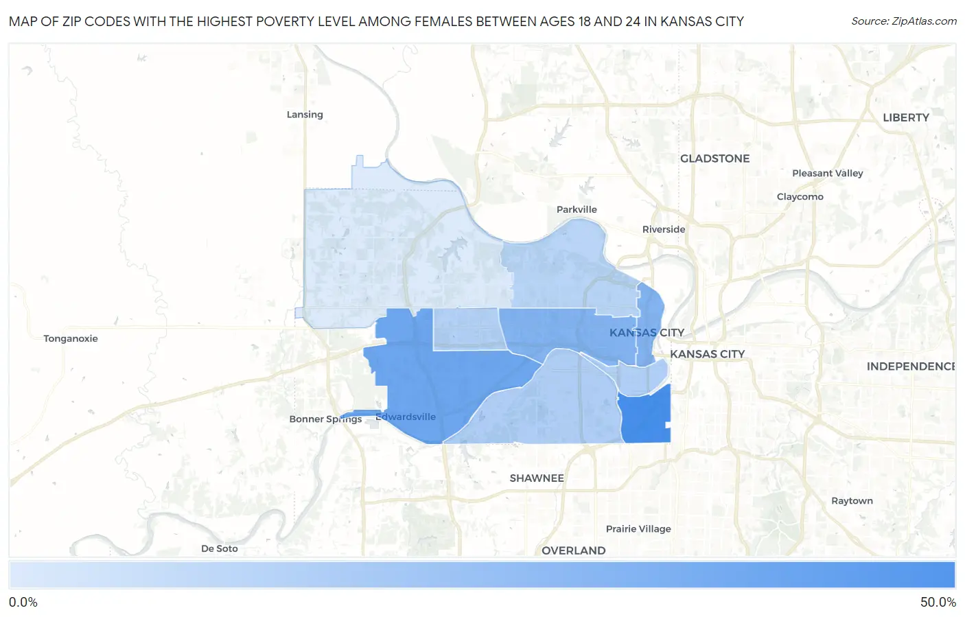 Zip Codes with the Highest Poverty Level Among Females Between Ages 18 and 24 in Kansas City Map