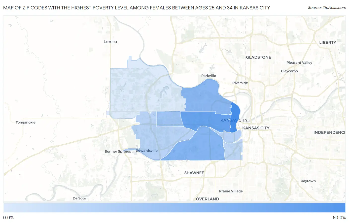 Zip Codes with the Highest Poverty Level Among Females Between Ages 25 and 34 in Kansas City Map