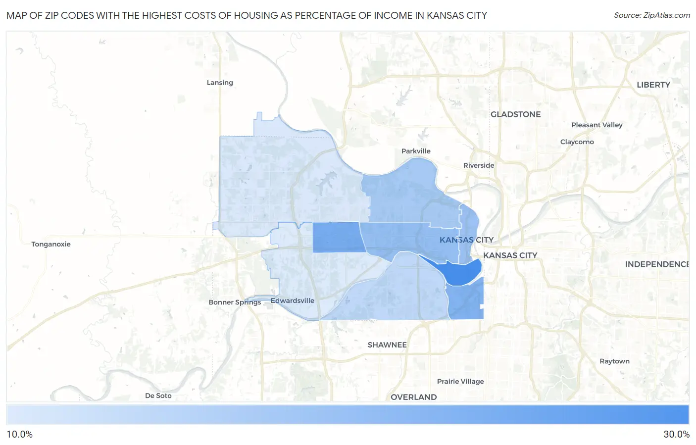 Zip Codes with the Highest Costs of Housing as Percentage of Income in Kansas City Map