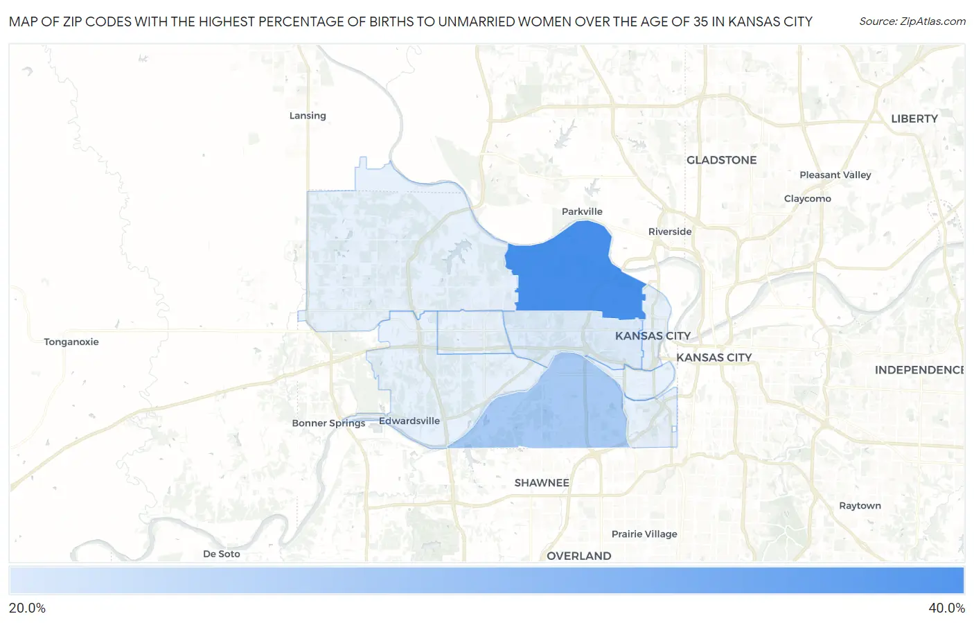 Zip Codes with the Highest Percentage of Births to Unmarried Women over the Age of 35 in Kansas City Map