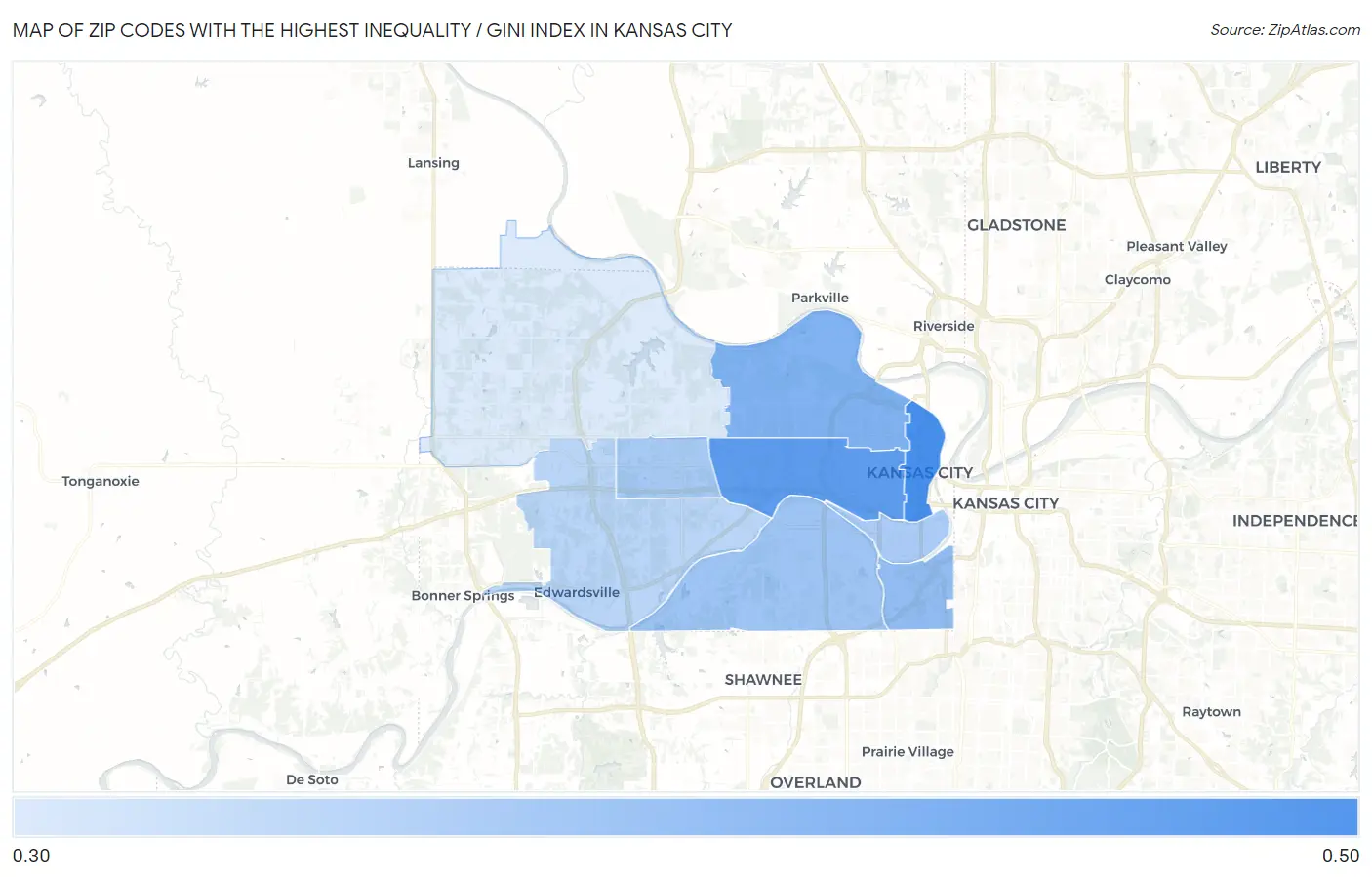 Zip Codes with the Highest Inequality / Gini Index in Kansas City Map