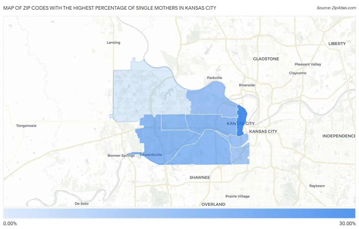 Zip Codes with the Highest Percentage of Single Mothers in Kansas City Map
