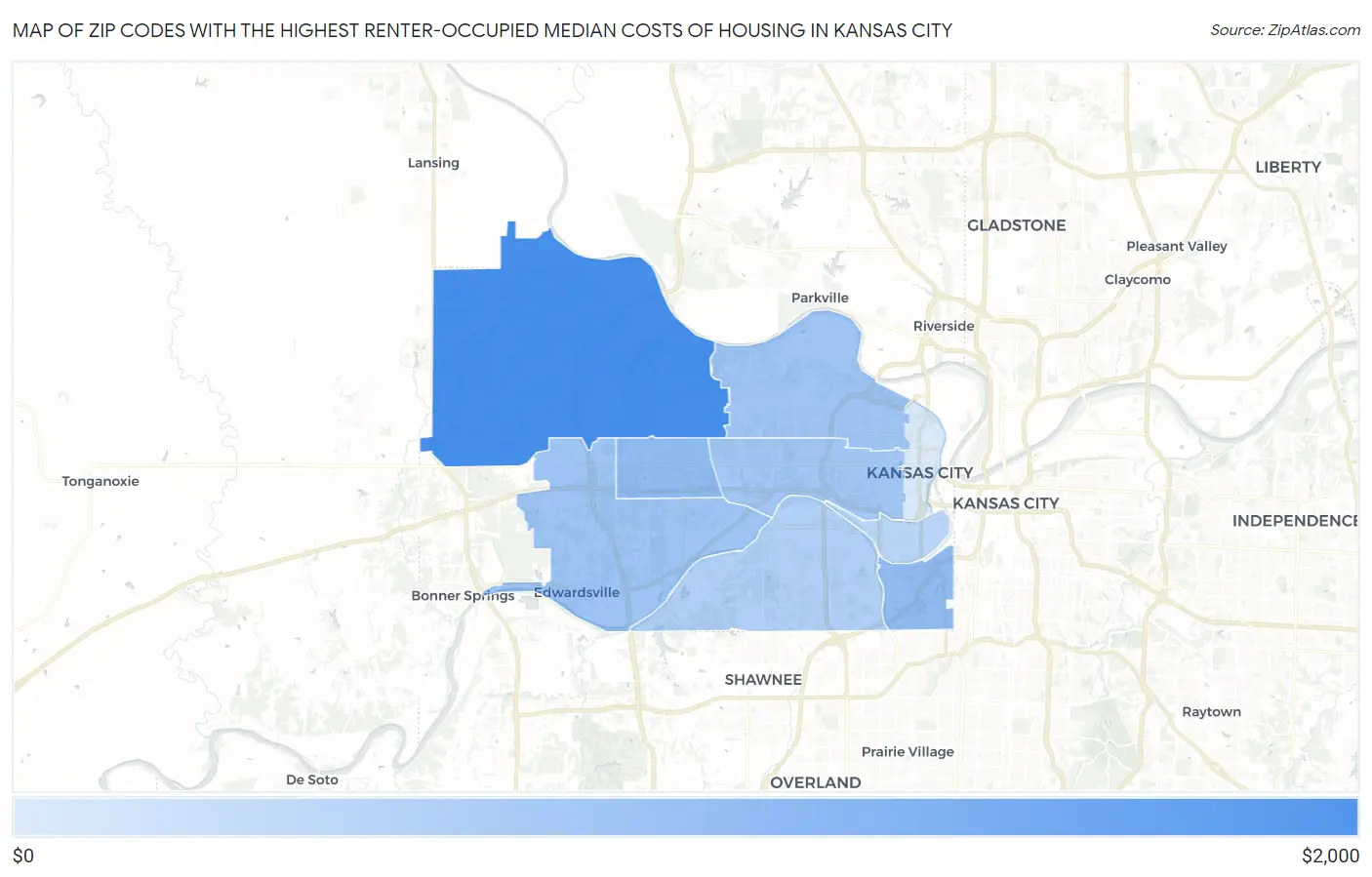 Zip Codes with the Highest Renter-Occupied Median Costs of Housing in Kansas City Map