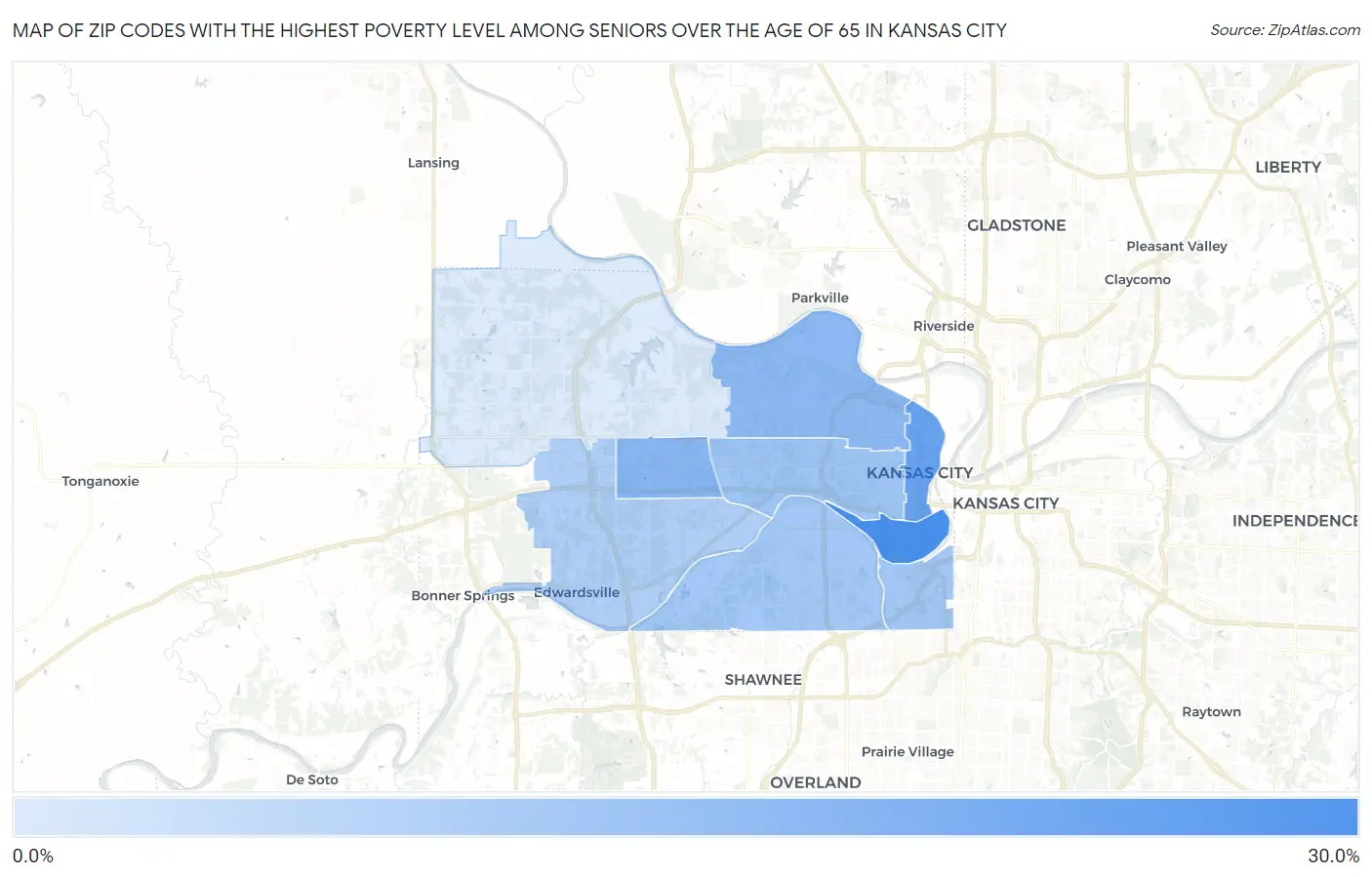 Zip Codes with the Highest Poverty Level Among Seniors Over the Age of 65 in Kansas City Map