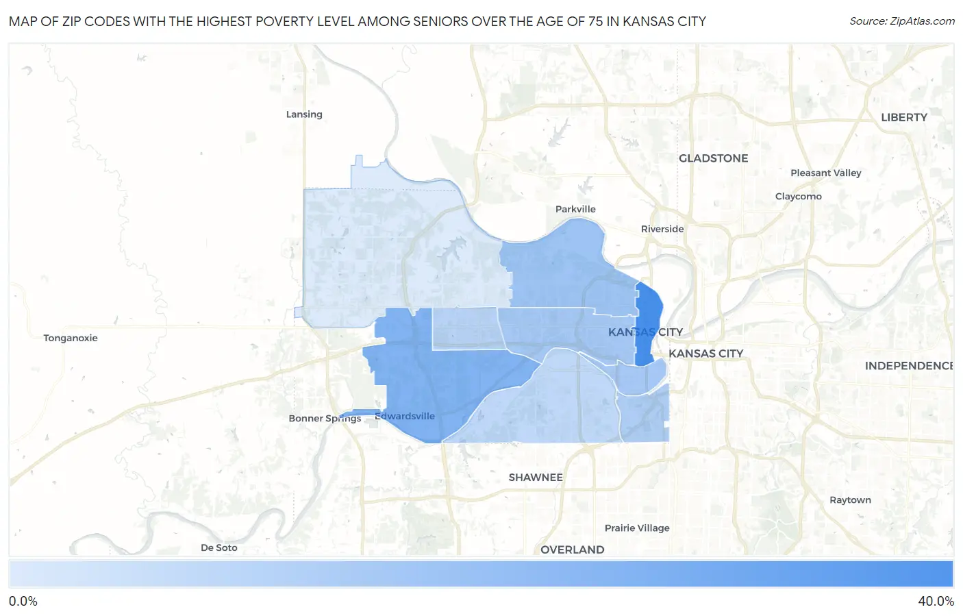 Zip Codes with the Highest Poverty Level Among Seniors Over the Age of 75 in Kansas City Map
