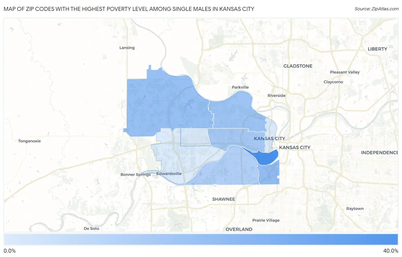 Zip Codes with the Highest Poverty Level Among Single Males in Kansas City Map
