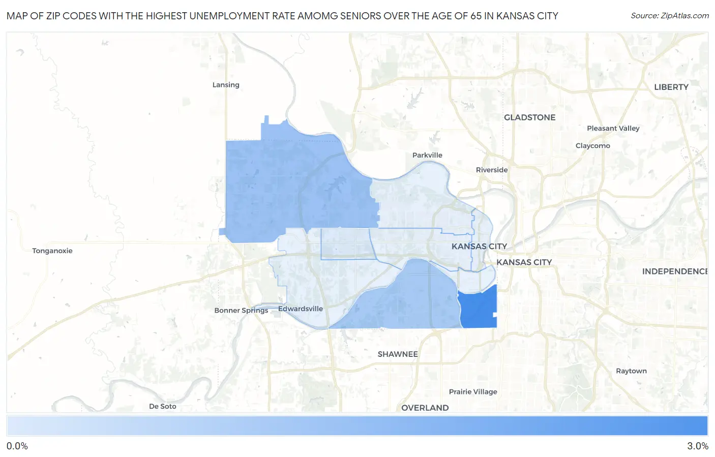 Zip Codes with the Highest Unemployment Rate Amomg Seniors Over the Age of 65 in Kansas City Map