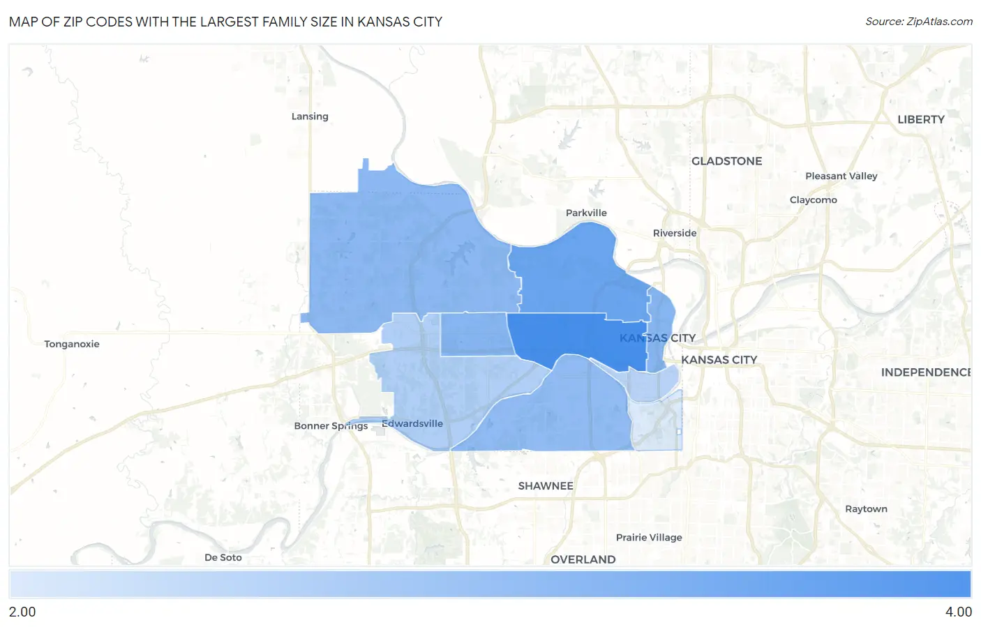 Zip Codes with the Largest Family Size in Kansas City Map
