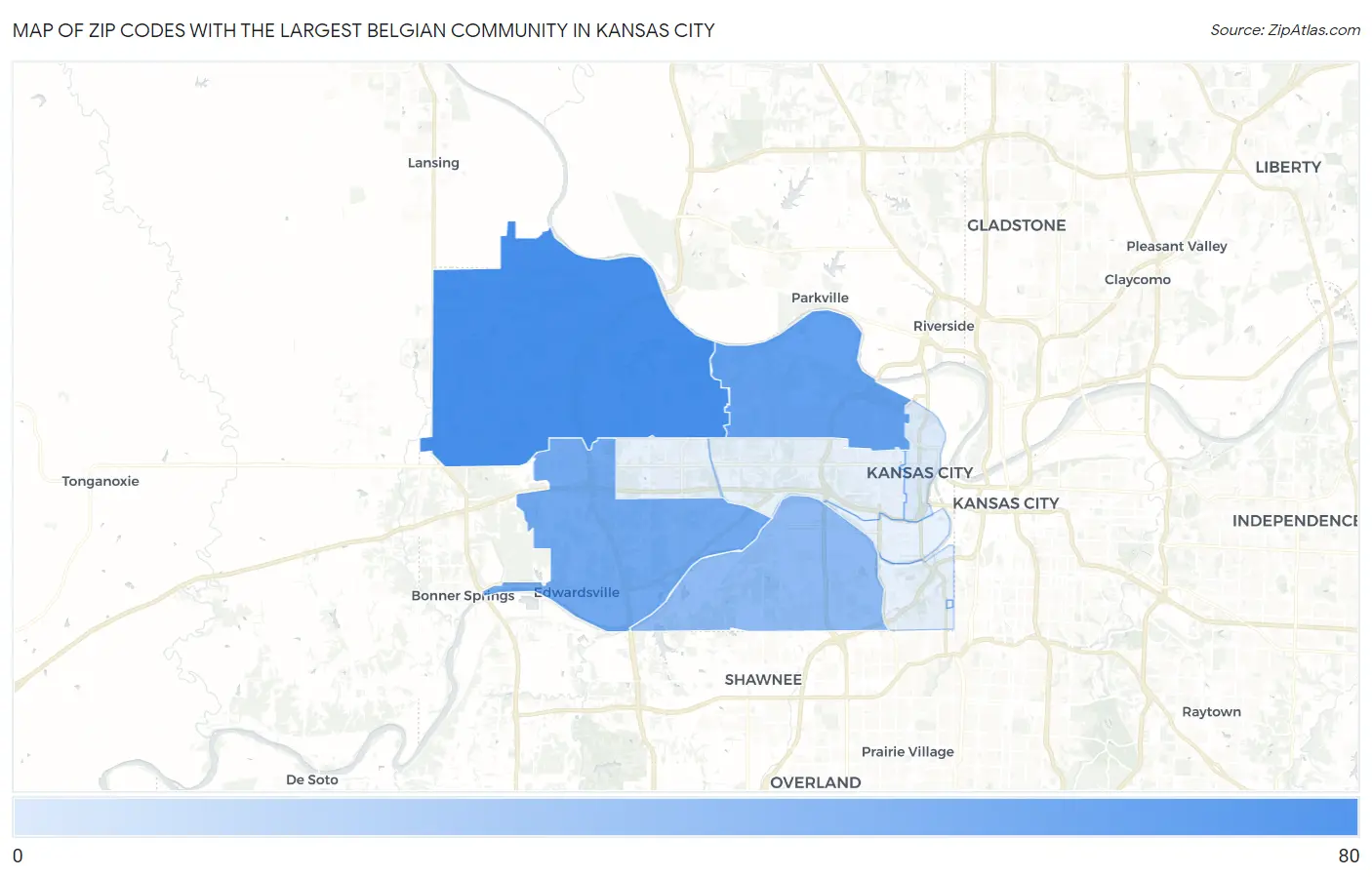 Zip Codes with the Largest Belgian Community in Kansas City Map