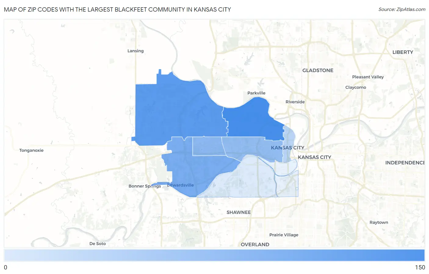 Zip Codes with the Largest Blackfeet Community in Kansas City Map