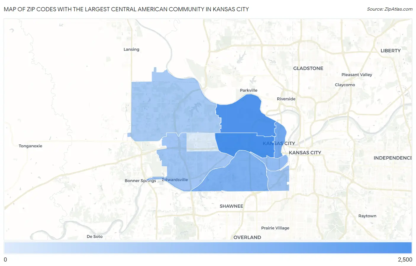 Zip Codes with the Largest Central American Community in Kansas City Map