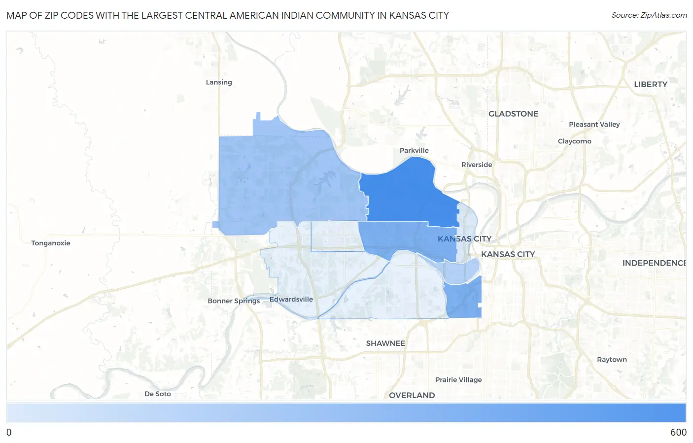 Zip Codes with the Largest Central American Indian Community in Kansas City Map
