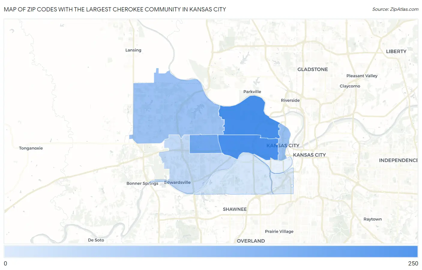 Zip Codes with the Largest Cherokee Community in Kansas City Map