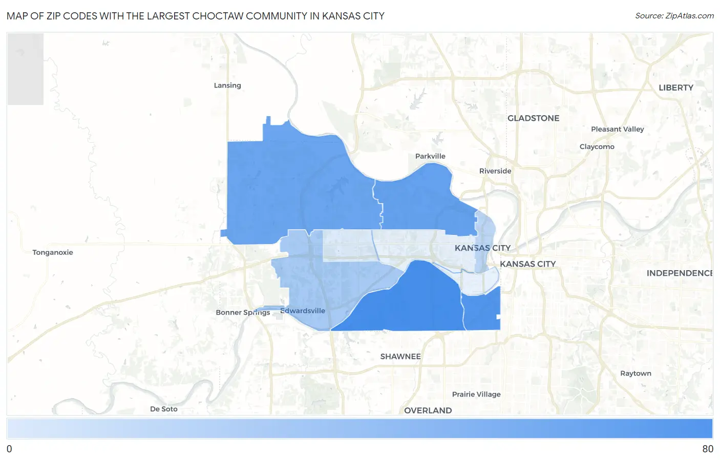 Zip Codes with the Largest Choctaw Community in Kansas City Map