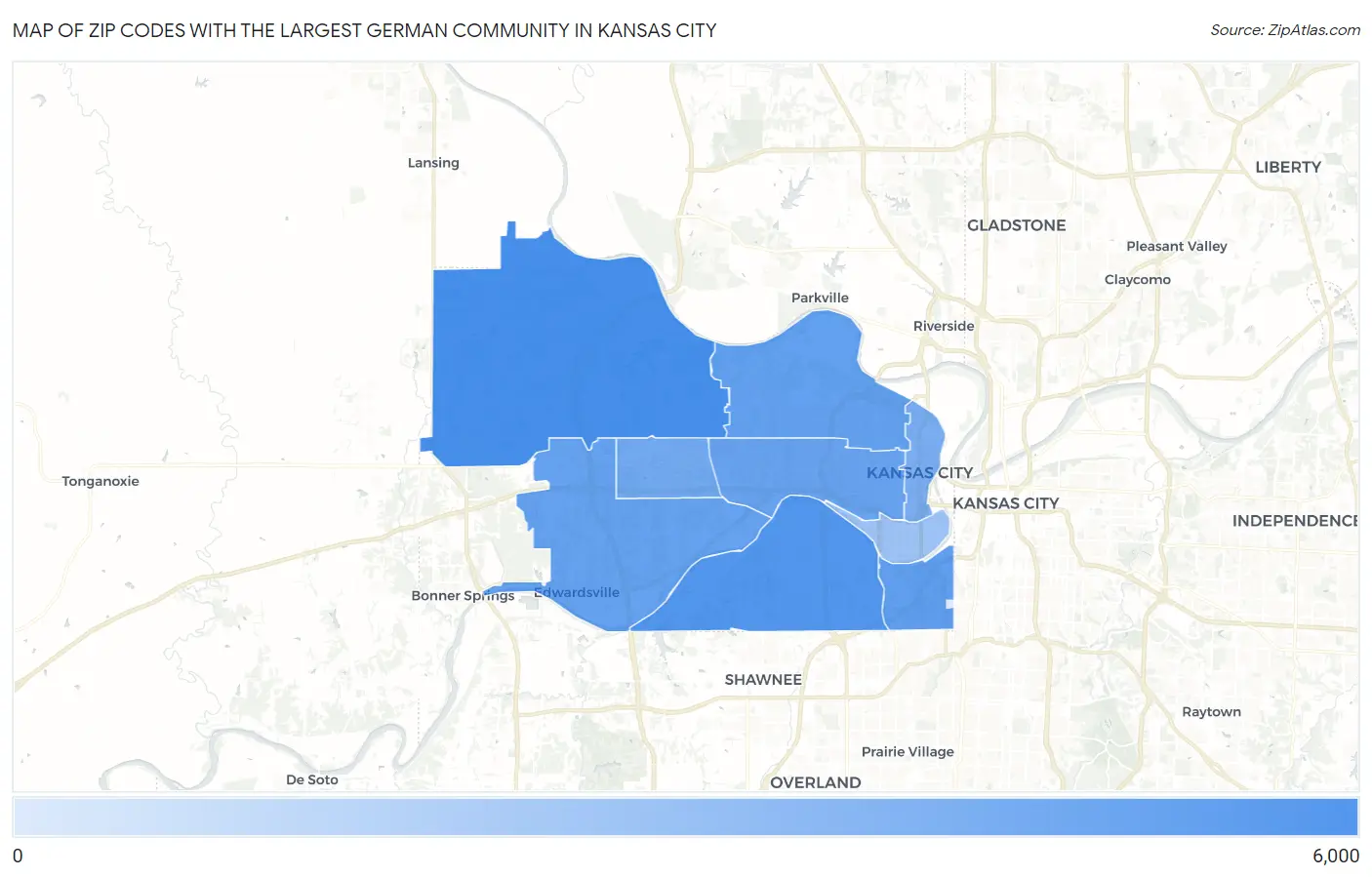 Zip Codes with the Largest German Community in Kansas City Map