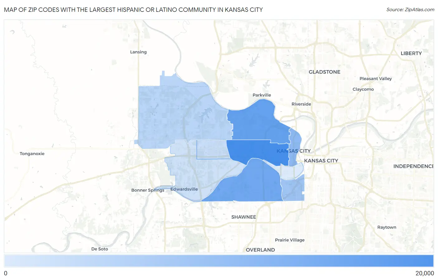 Zip Codes with the Largest Hispanic or Latino Community in Kansas City Map