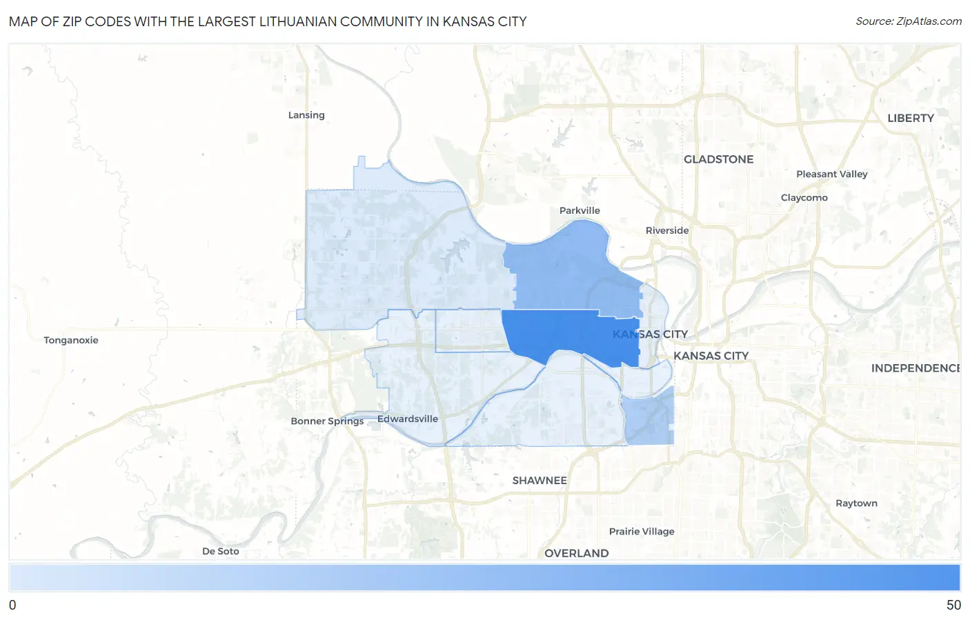 Zip Codes with the Largest Lithuanian Community in Kansas City Map