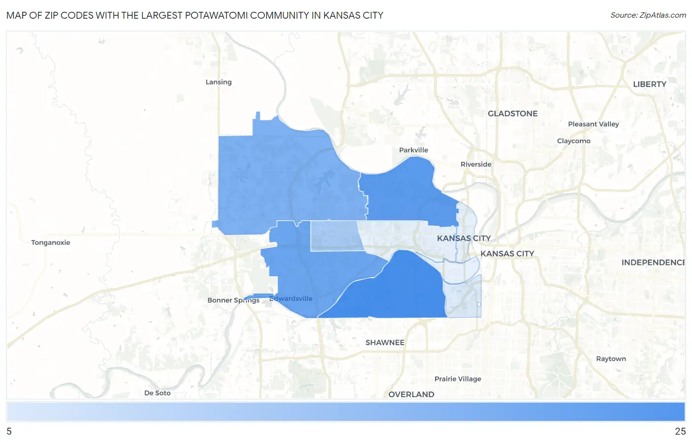 Zip Codes with the Largest Potawatomi Community in Kansas City Map