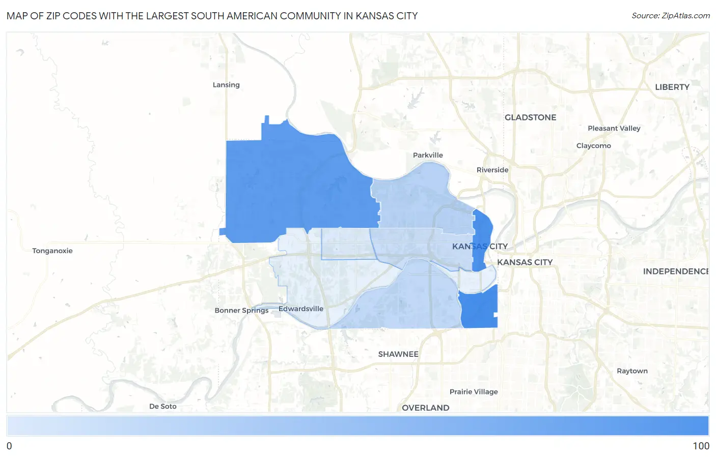 Zip Codes with the Largest South American Community in Kansas City Map