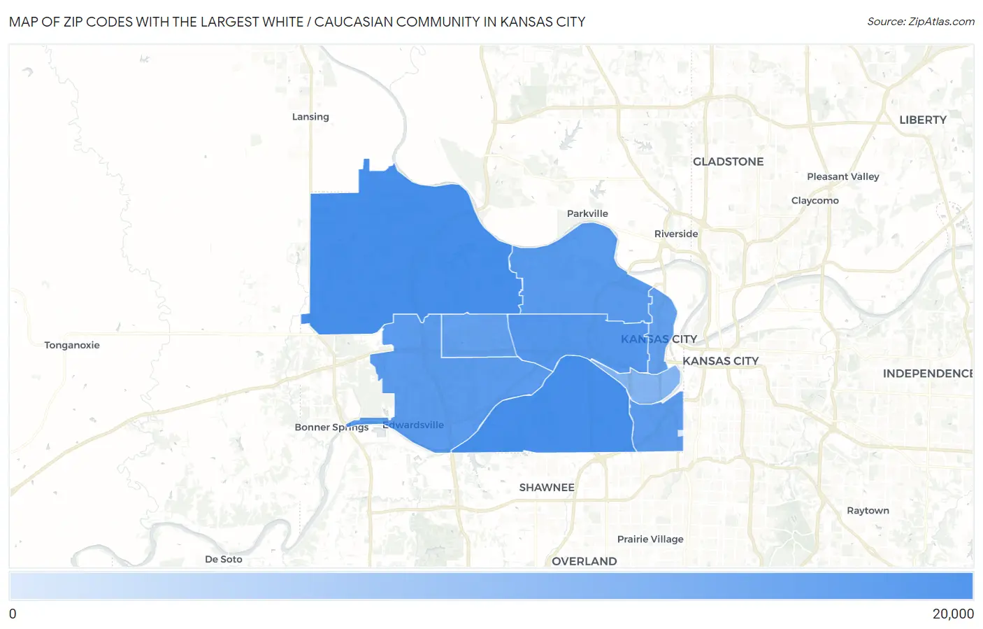 Zip Codes with the Largest White / Caucasian Community in Kansas City Map