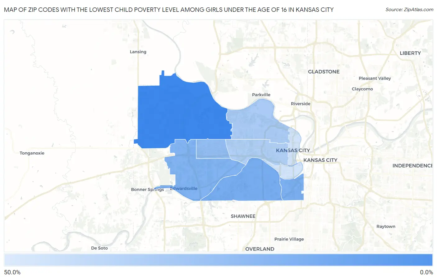 Zip Codes with the Lowest Child Poverty Level Among Girls Under the Age of 16 in Kansas City Map