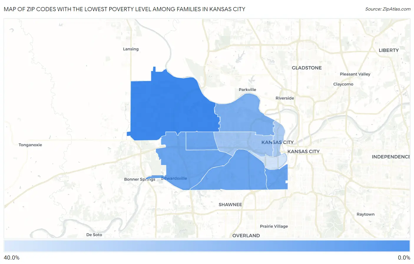 Zip Codes with the Lowest Poverty Level Among Families in Kansas City Map