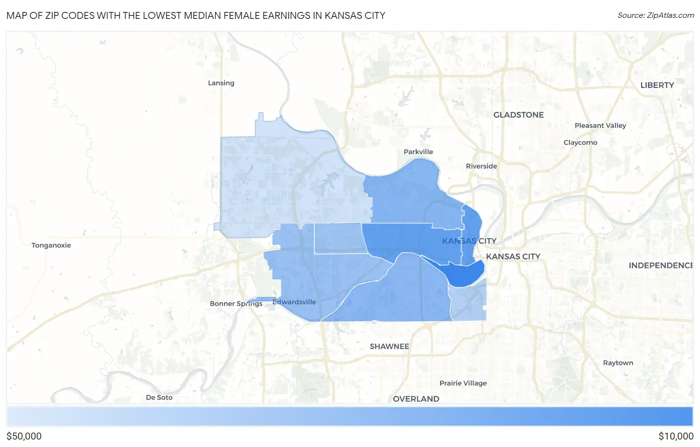 Zip Codes with the Lowest Median Female Earnings in Kansas City Map