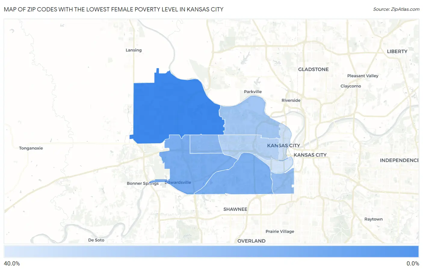 Zip Codes with the Lowest Female Poverty Level in Kansas City Map