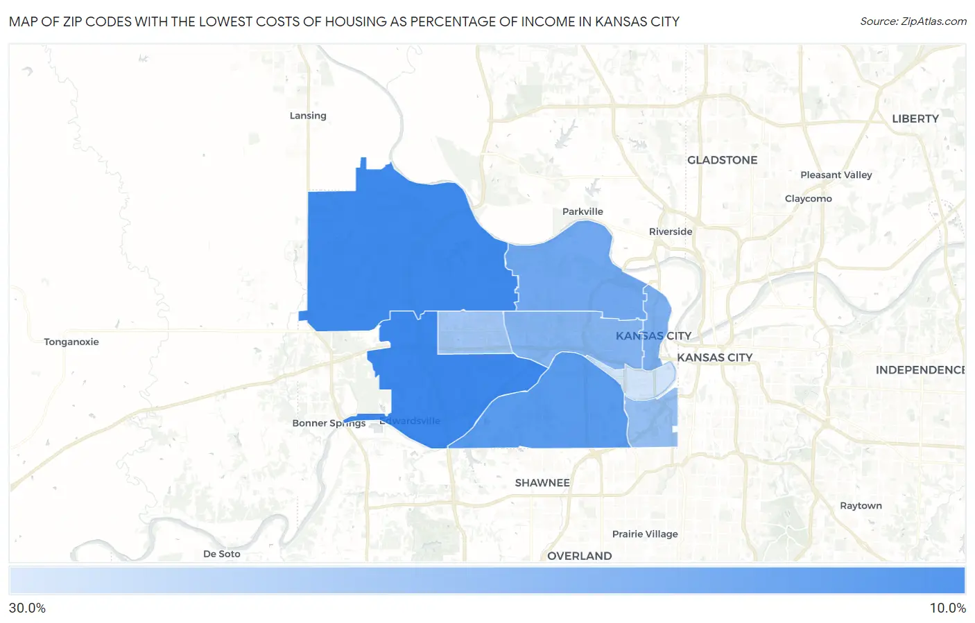 Zip Codes with the Lowest Costs of Housing as Percentage of Income in Kansas City Map