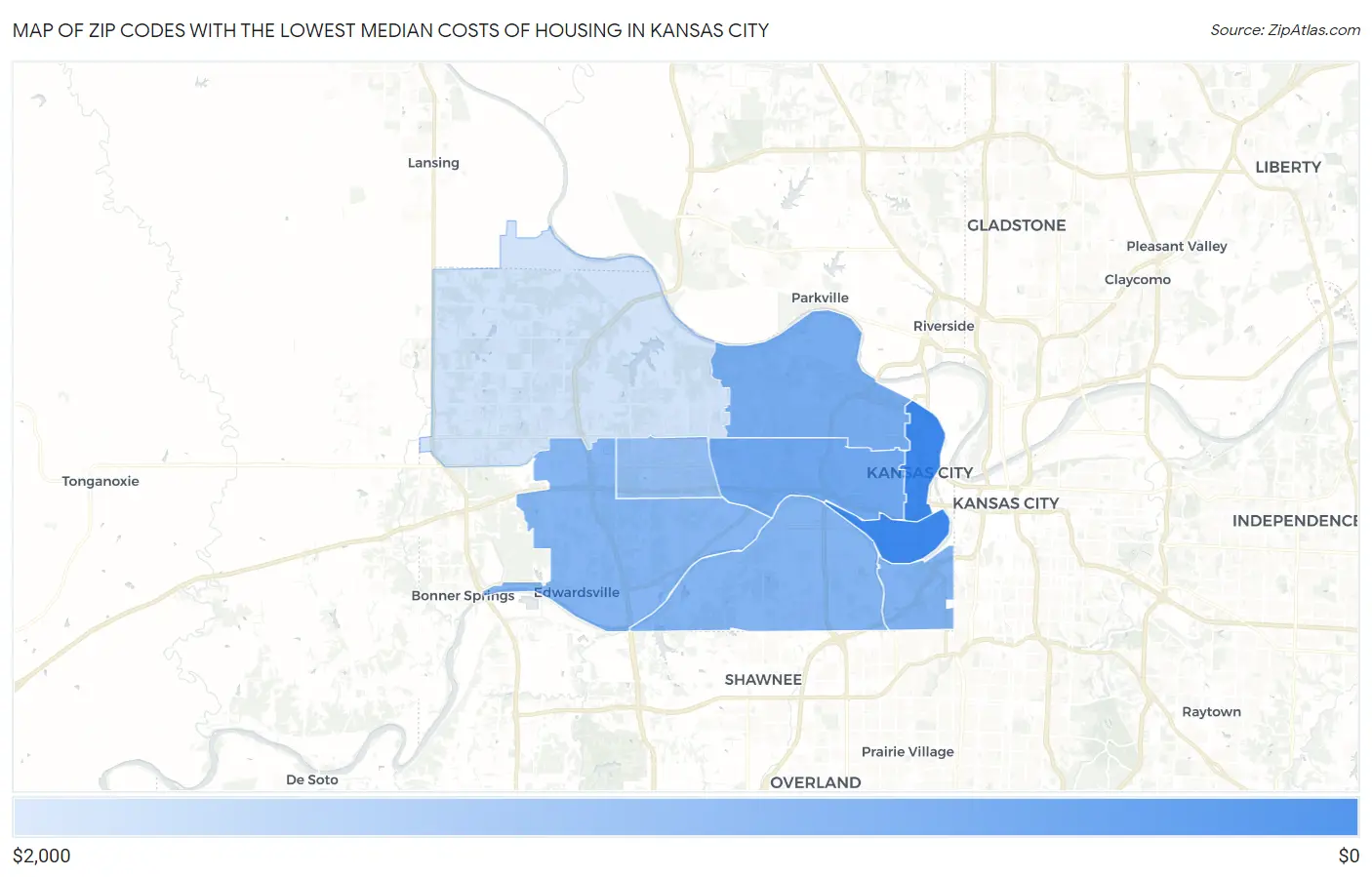 Zip Codes with the Lowest Median Costs of Housing in Kansas City Map