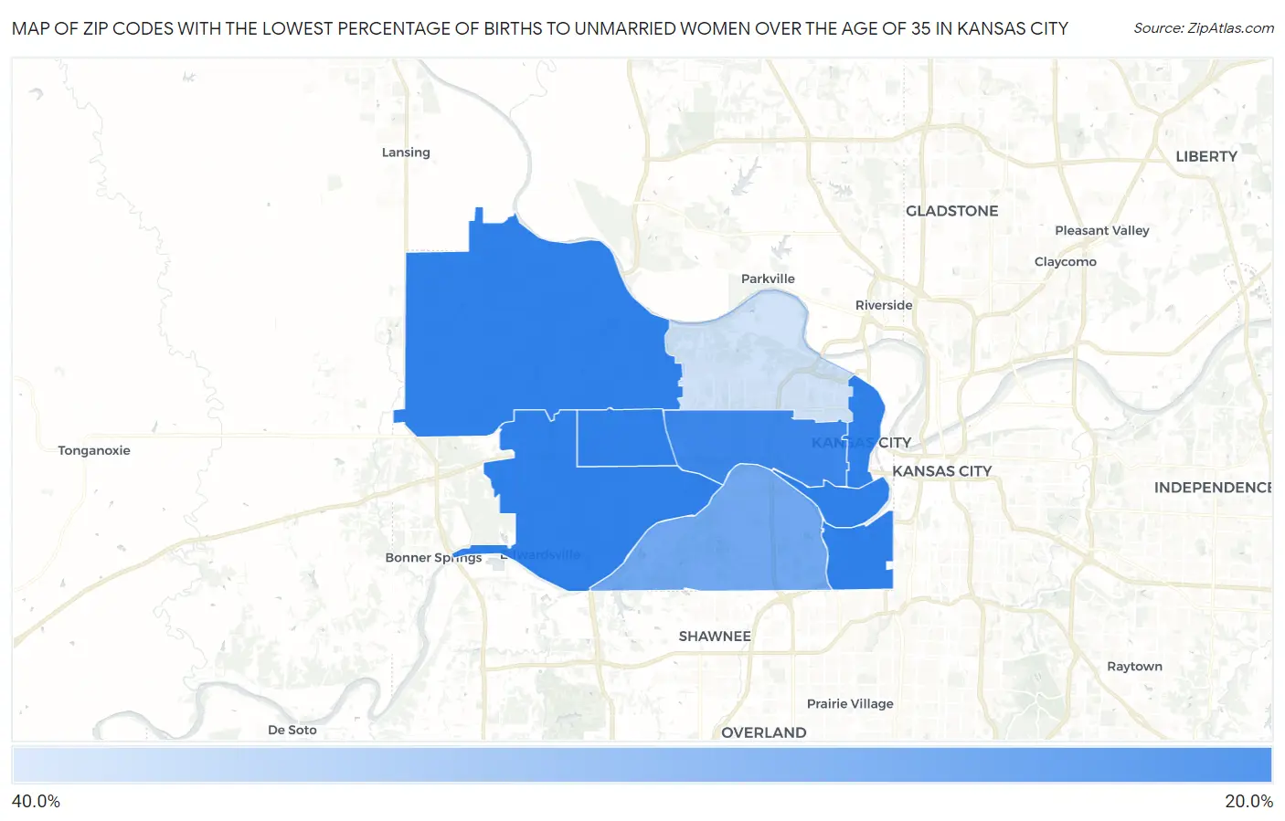 Zip Codes with the Lowest Percentage of Births to Unmarried Women over the Age of 35 in Kansas City Map