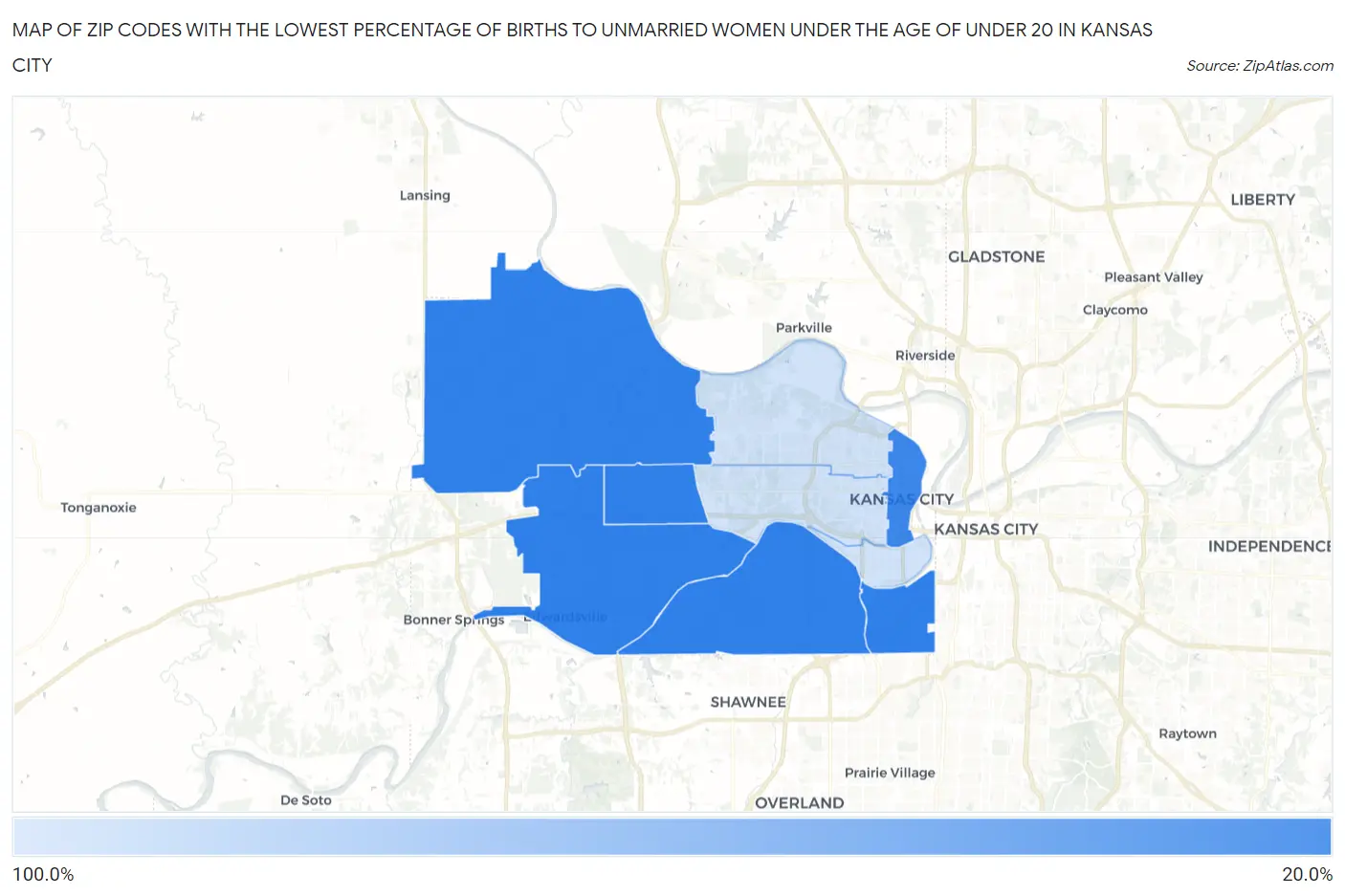 Zip Codes with the Lowest Percentage of Births to Unmarried Women under the Age of under 20 in Kansas City Map
