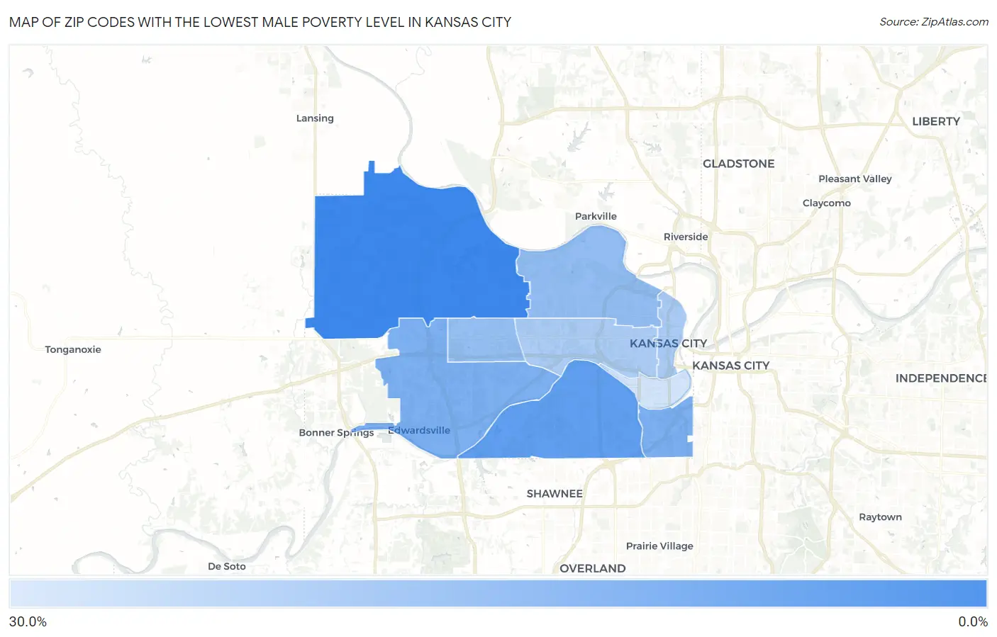 Zip Codes with the Lowest Male Poverty Level in Kansas City Map
