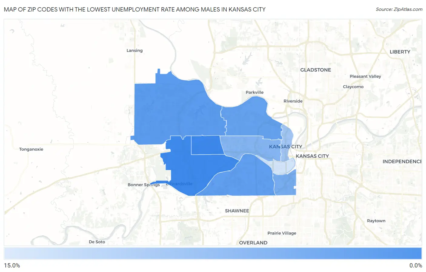 Zip Codes with the Lowest Unemployment Rate Among Males in Kansas City Map