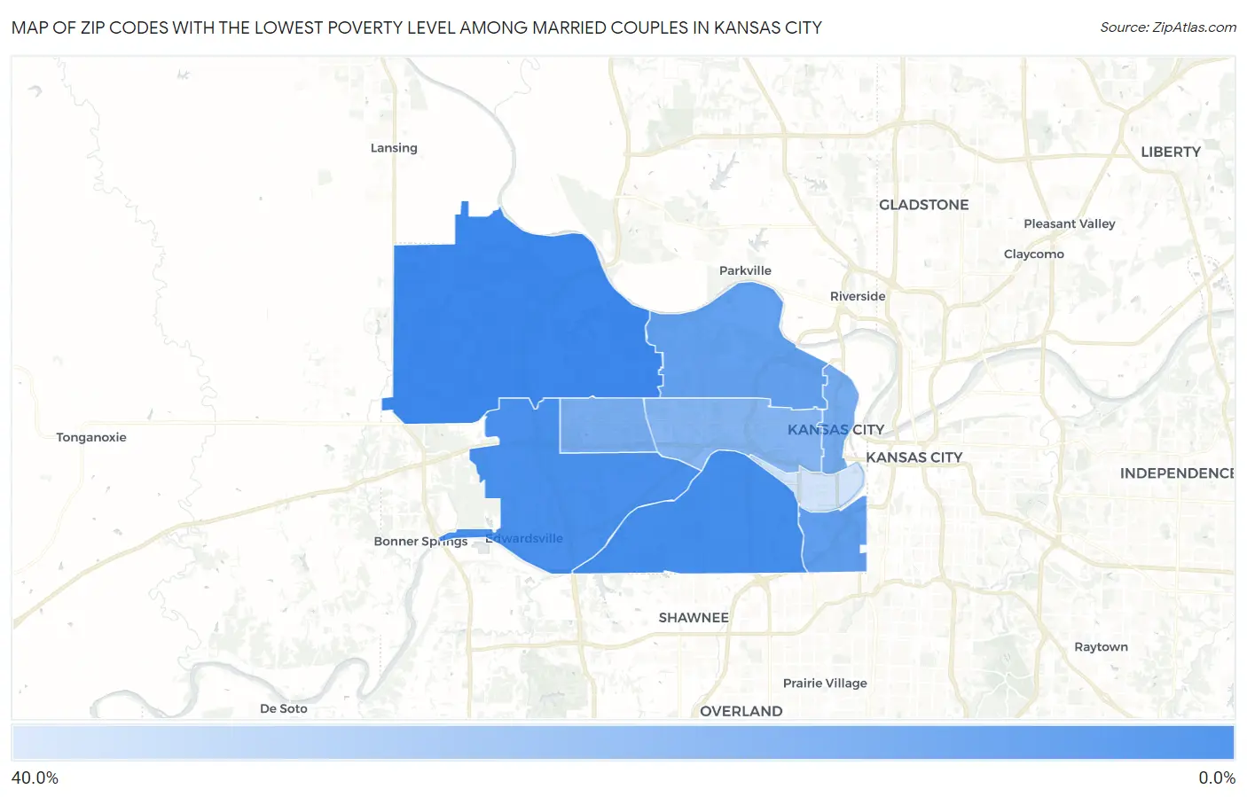 Zip Codes with the Lowest Poverty Level Among Married Couples in Kansas City Map