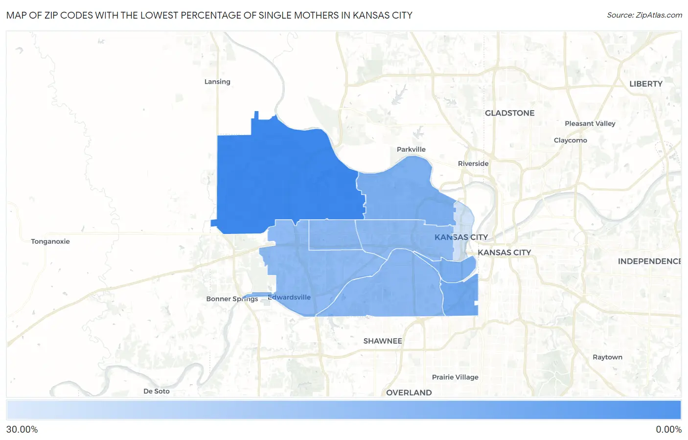 Zip Codes with the Lowest Percentage of Single Mothers in Kansas City Map