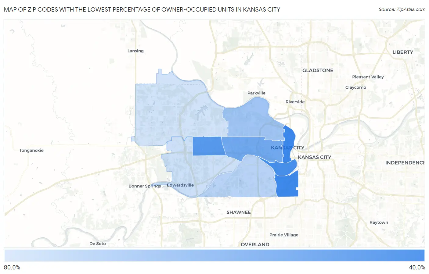 Zip Codes with the Lowest Percentage of Owner-Occupied Units in Kansas City Map