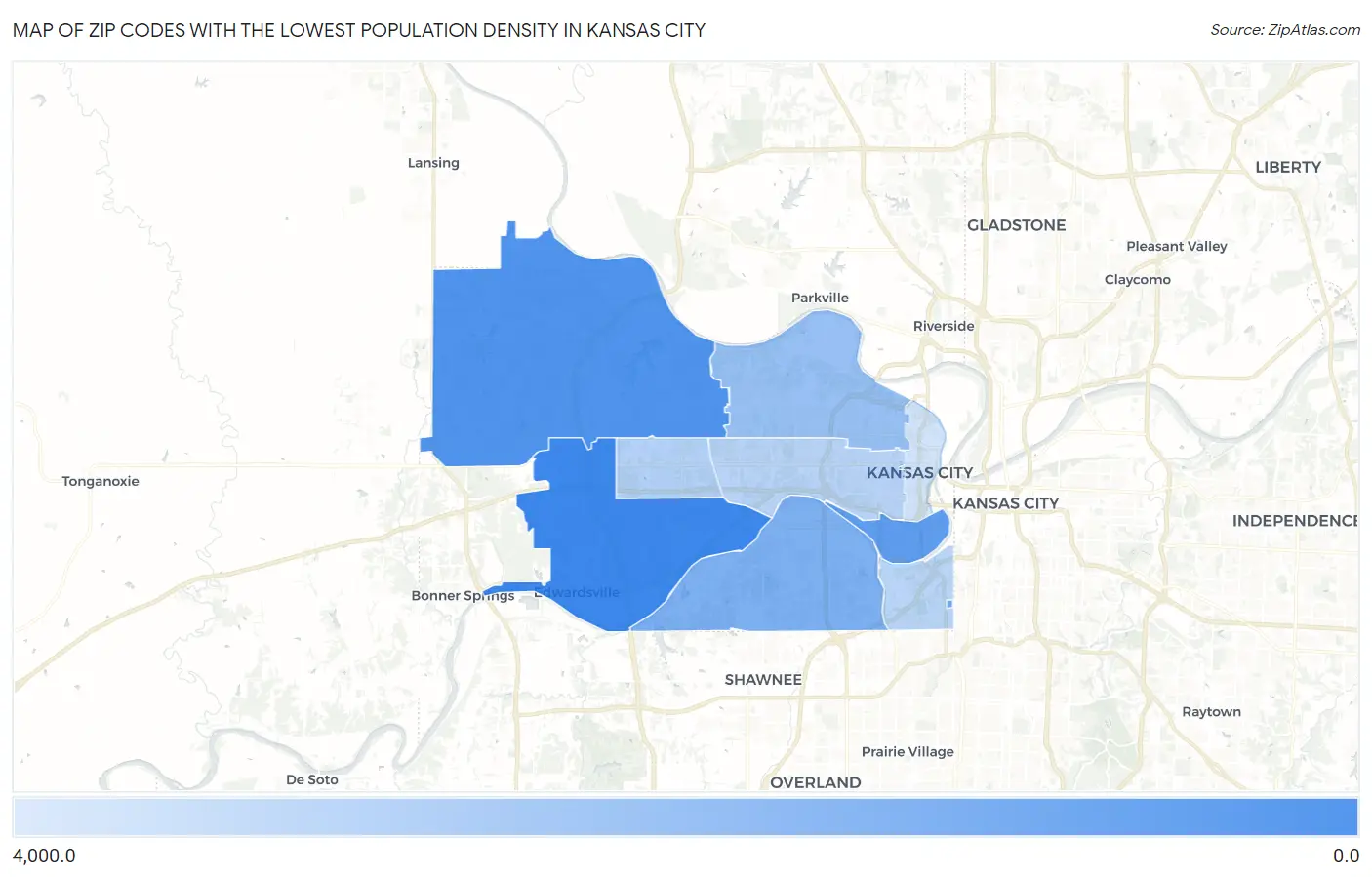 Zip Codes with the Lowest Population Density in Kansas City Map