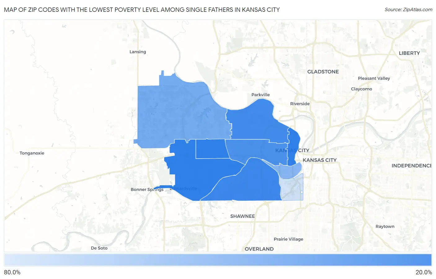 Zip Codes with the Lowest Poverty Level Among Single Fathers in Kansas City Map