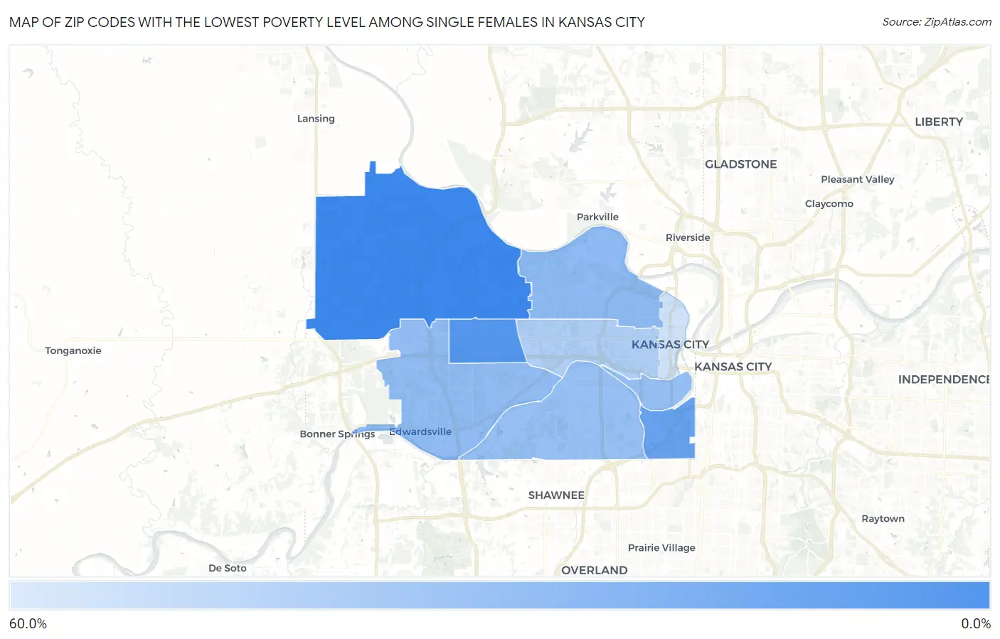 Zip Codes with the Lowest Poverty Level Among Single Females in Kansas City Map