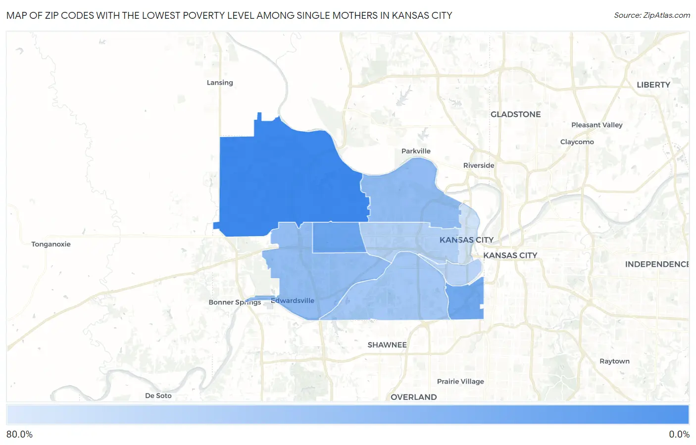 Zip Codes with the Lowest Poverty Level Among Single Mothers in Kansas City Map
