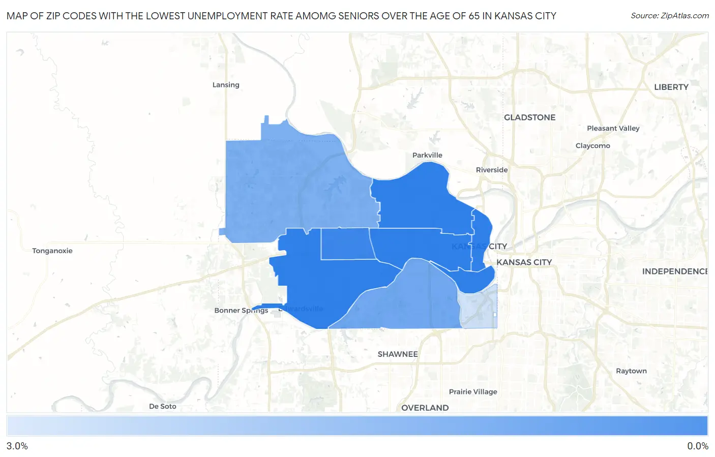 Zip Codes with the Lowest Unemployment Rate Amomg Seniors Over the Age of 65 in Kansas City Map