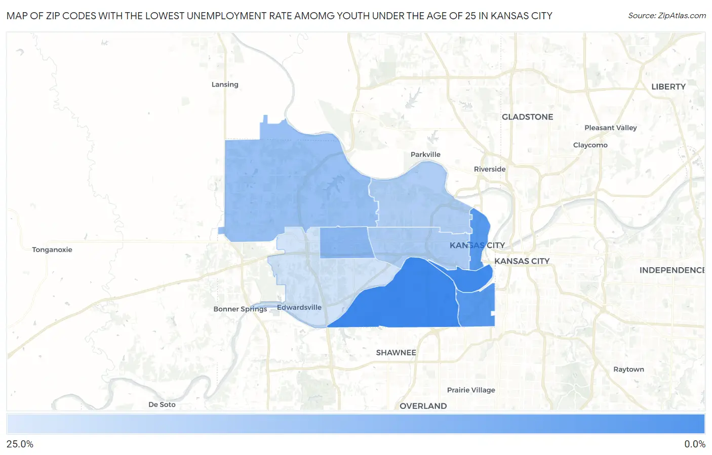 Zip Codes with the Lowest Unemployment Rate Amomg Youth Under the Age of 25 in Kansas City Map