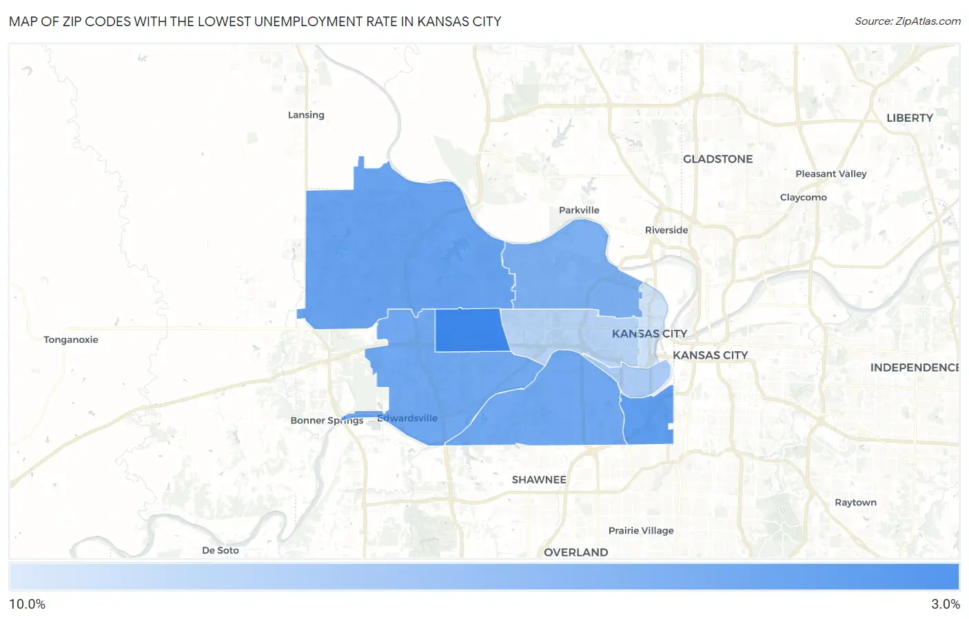 Zip Codes with the Lowest Unemployment Rate in Kansas City Map