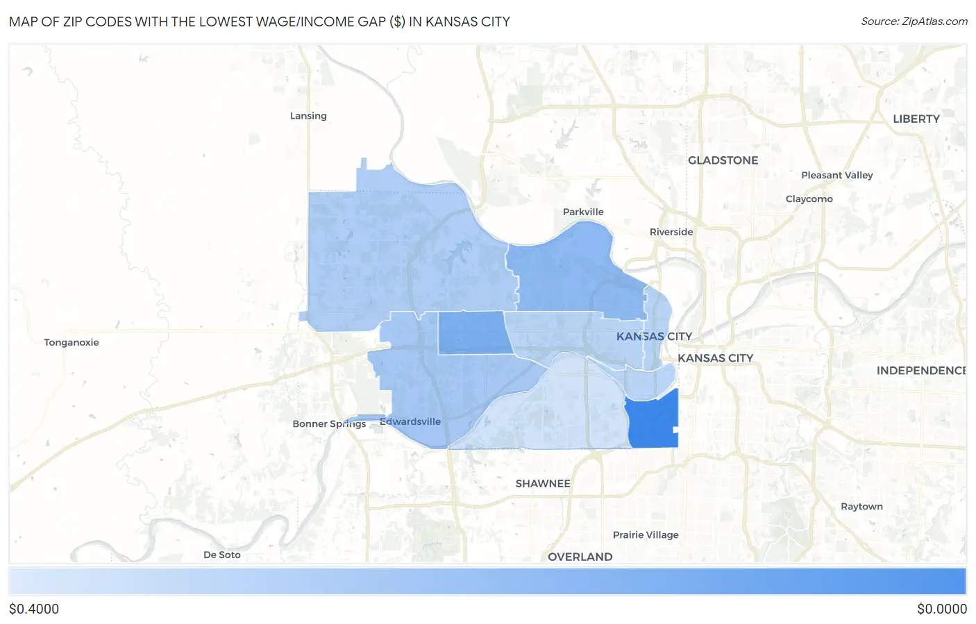 Zip Codes with the Lowest Wage/Income Gap ($) in Kansas City Map