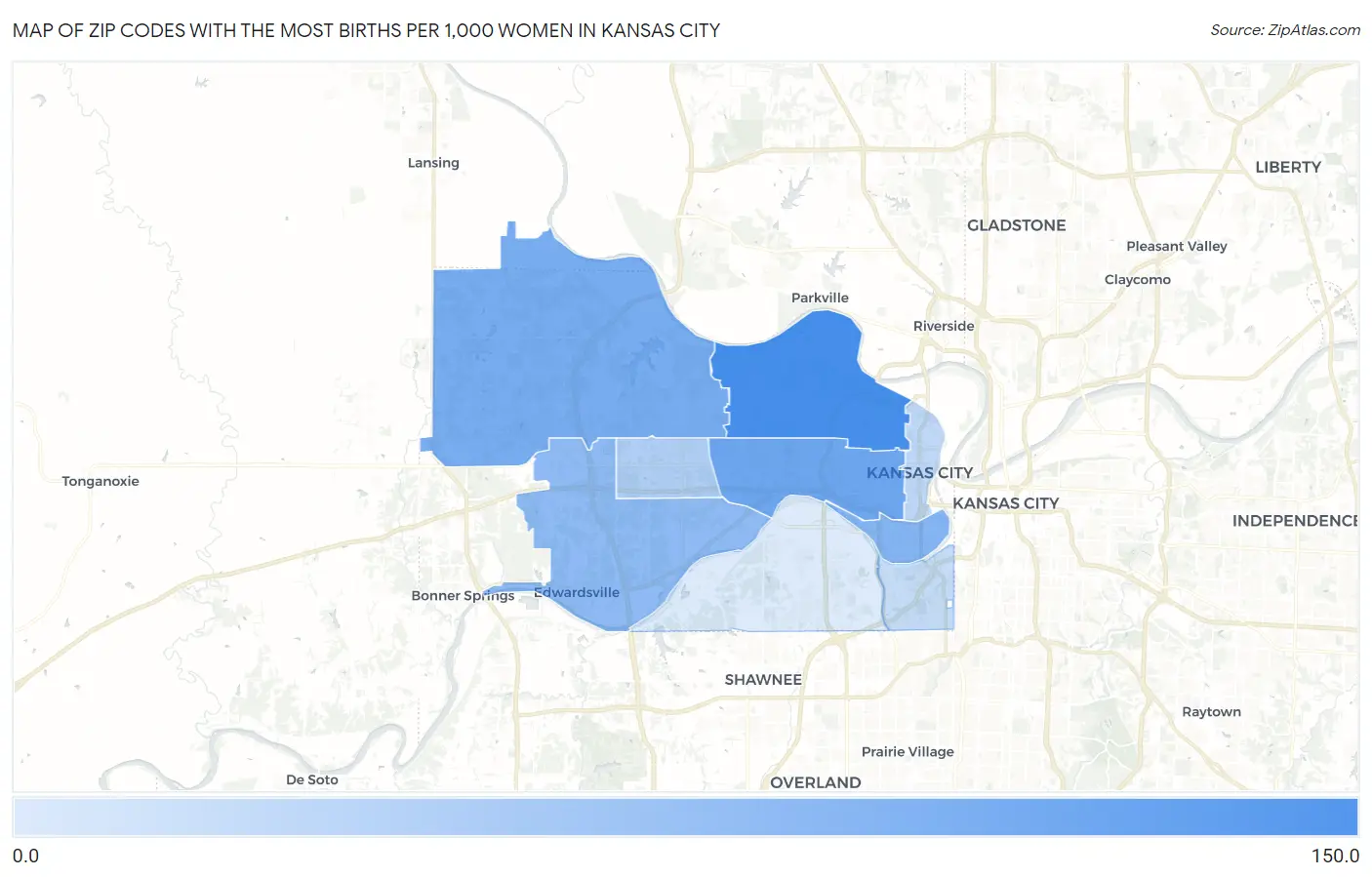 Zip Codes with the Most Births per 1,000 Women in Kansas City Map