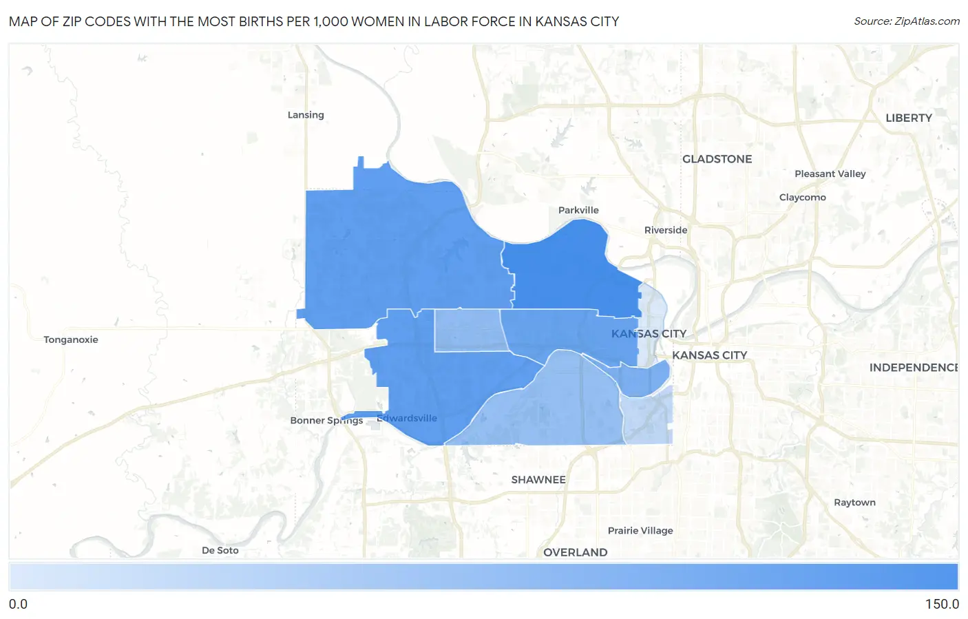 Zip Codes with the Most Births per 1,000 Women in Labor Force in Kansas City Map