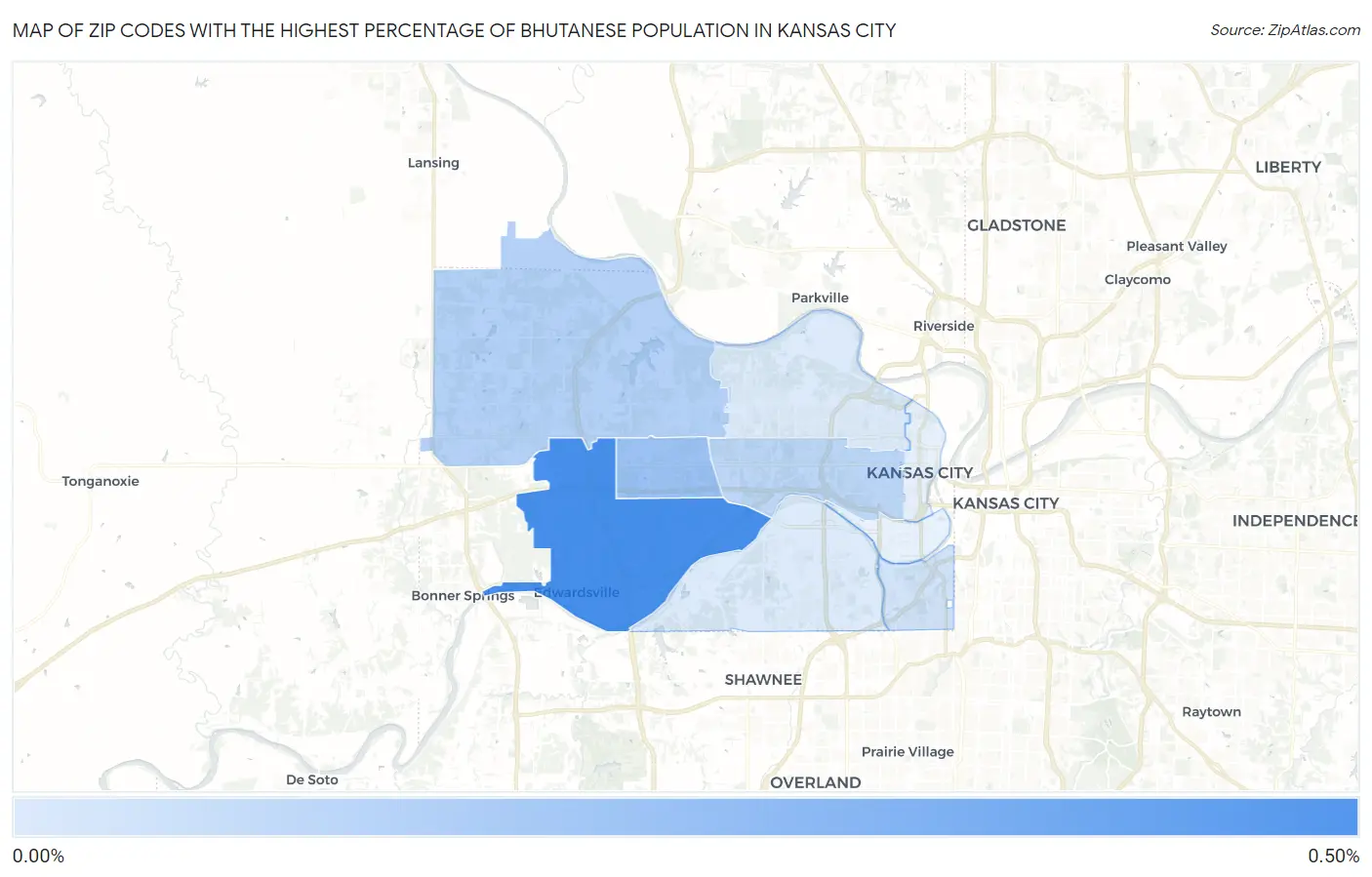 Zip Codes with the Highest Percentage of Bhutanese Population in Kansas City Map