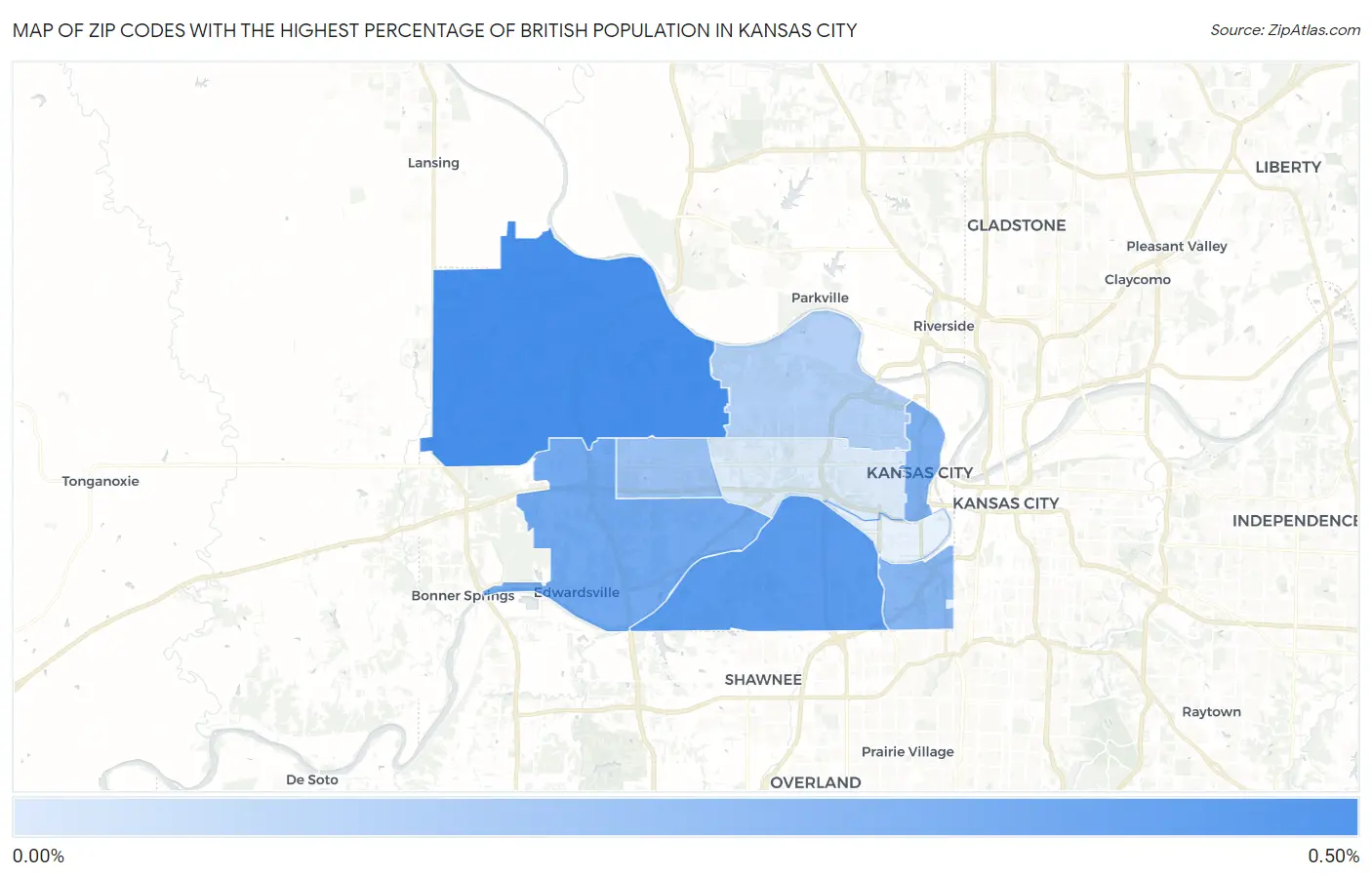 Zip Codes with the Highest Percentage of British Population in Kansas City Map