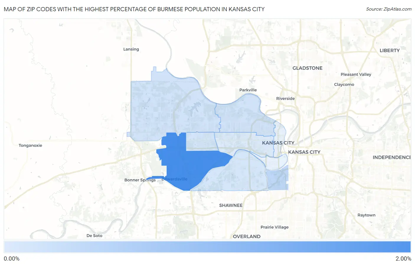 Zip Codes with the Highest Percentage of Burmese Population in Kansas City Map